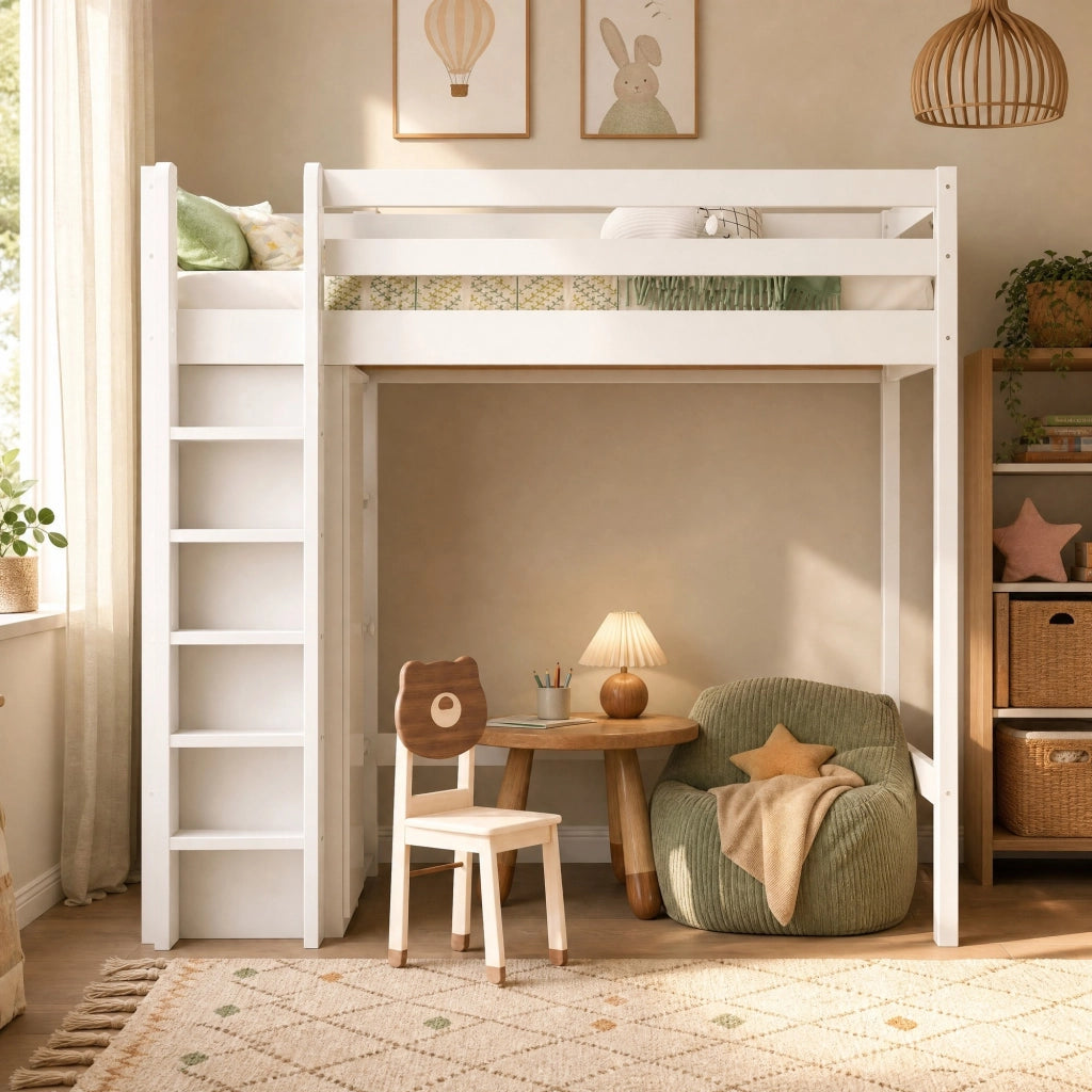 Letto a castello alto per bambini 90x200 cm con armadio e 6 ripiani; bianco