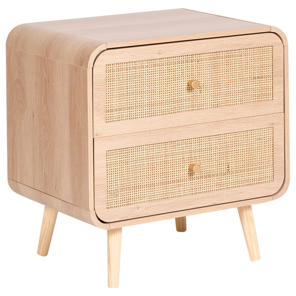 Comodino in truciolato marrone chiaro, 2 cassetti, con gambe in legno e frontali in vimini, per camera da letto e soggiorno