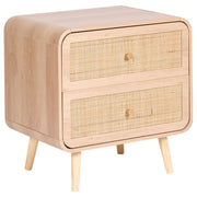 Comodino in truciolato marrone chiaro, 2 cassetti, con gambe in legno e frontali in vimini, per camera da letto e soggiorno