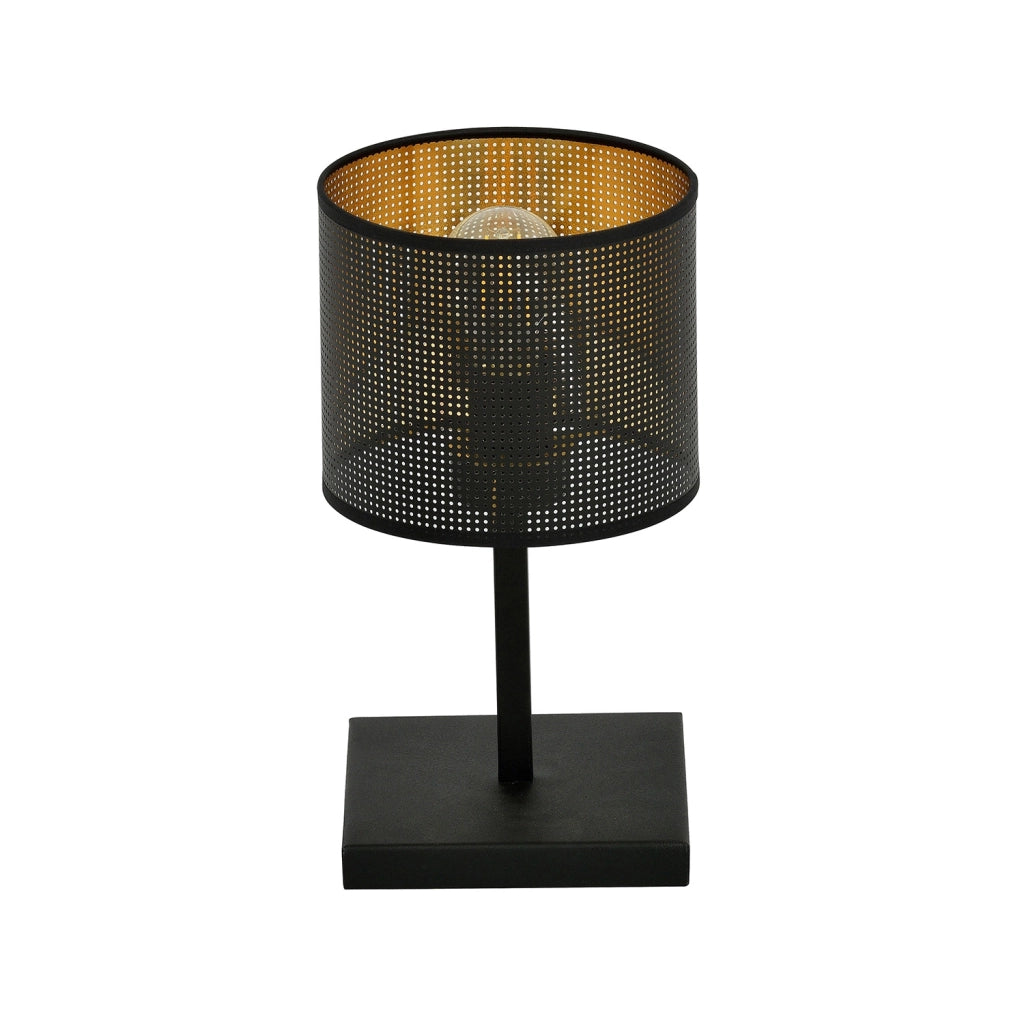 Lampada Da Tavolo 1 Luce Cigno In Acciaio Nero E Paralume A Cilindro Oro