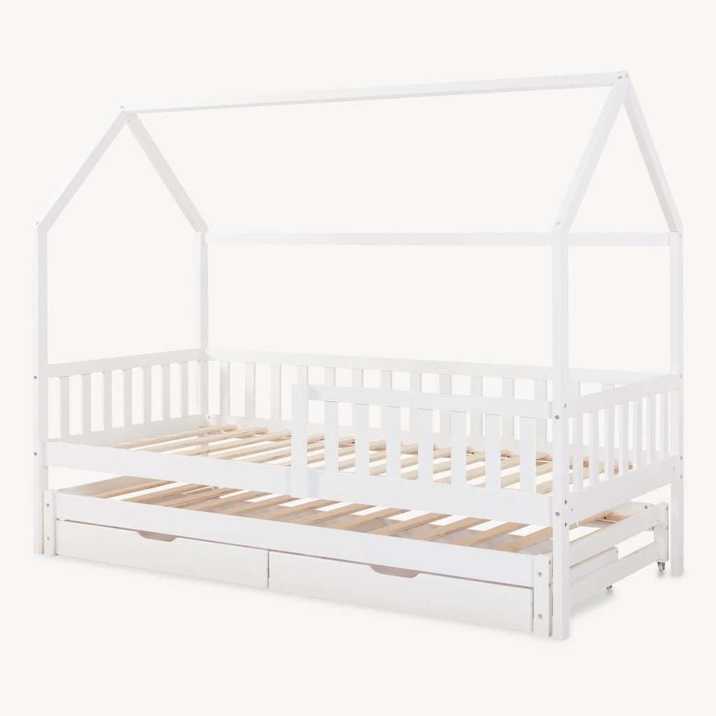Letto a Casetta per Cameretta Aarghonmaa in Legno di Pino con Letto Estraibile e 2 Cassetti 90x200 cm - Bianco [en.casa]