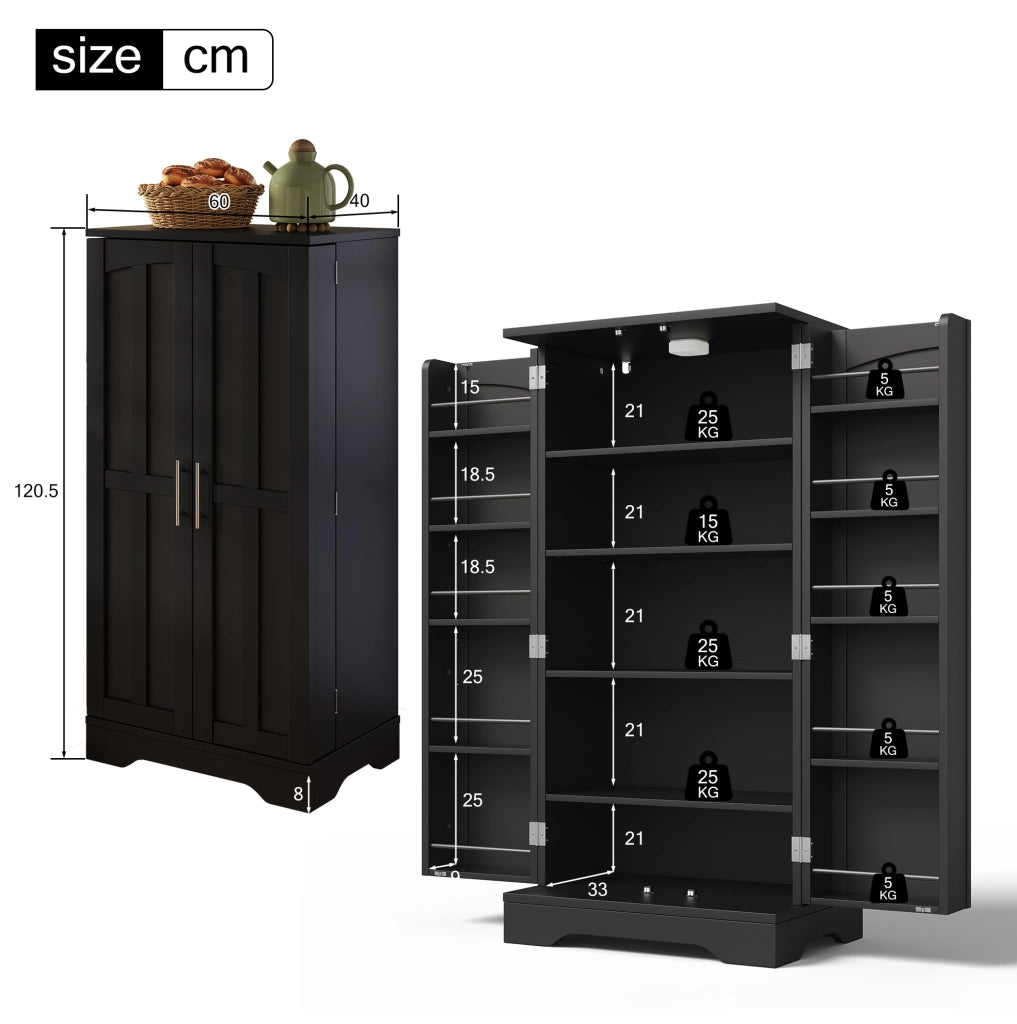 Credenza alta 120x60x40 cm con luce LED sensore; ripiani regolabili in MDF nero