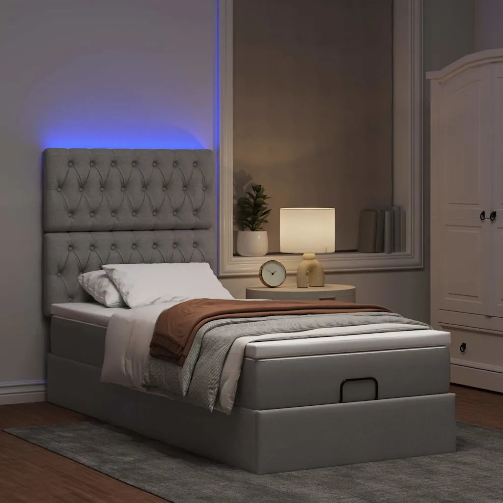 Pouf Letto con Materasso e LED Tortora 90x200 cm in Tessuto