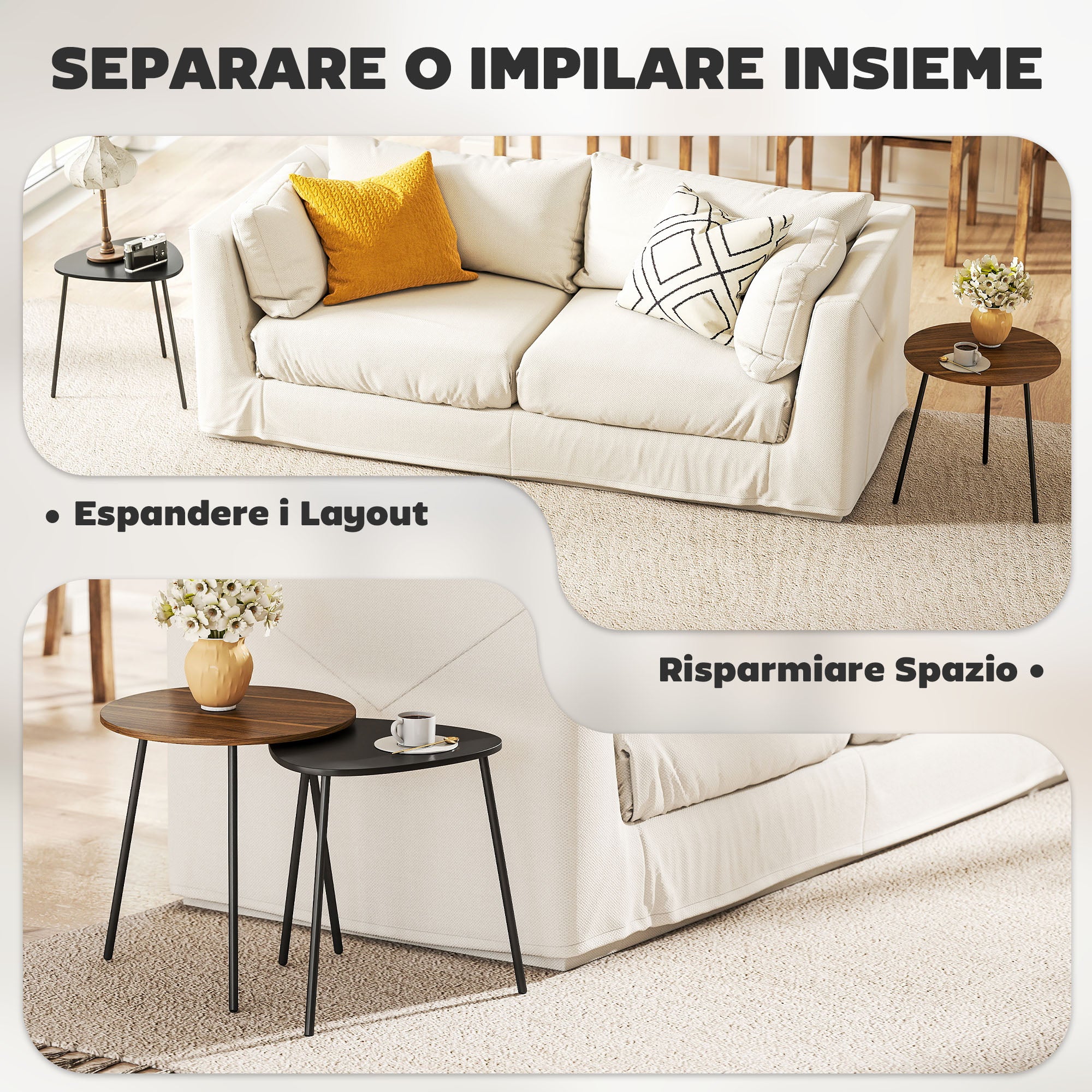 Set 2 Tavolini da Salotto Impilabili con Telaio in Metallo Noce e Nero