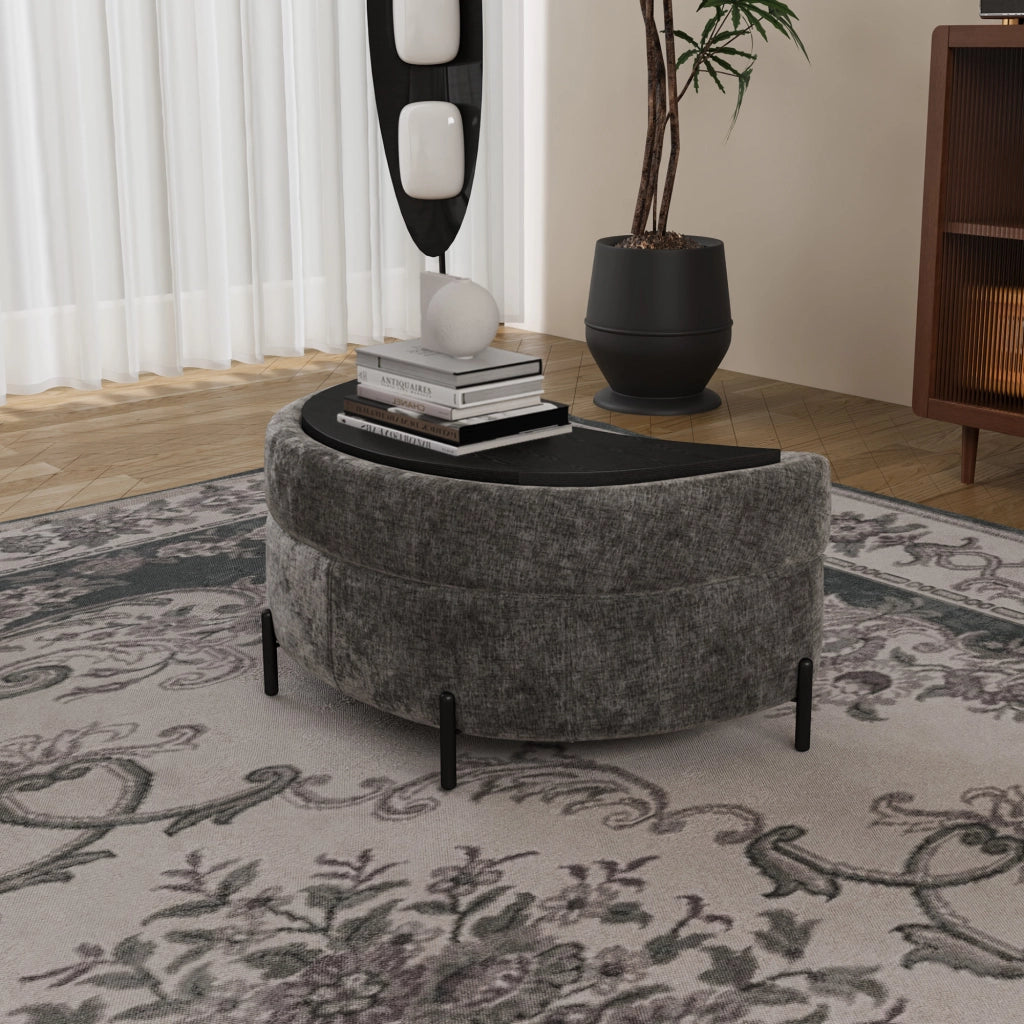 Pouf Contenitore Mezzaluna con Vassoio ¨C MINIMAL ¨C Tessuto Chenille, Grigio, Poggiapiedi