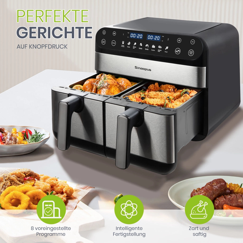 Friggitrice ad aria XXL da 10 litri con doppia zona, ideale per famiglie, con display touchscreen a LED, tempo e temperatura regolabili e 8 funzioni d