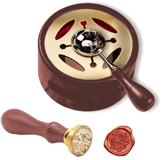 Set di sigillatura in legno con cucchiaio di fusione - per sigillatura di fusione - sigillatura di laccatura - imballaggio di regalo (rosso-bruno)