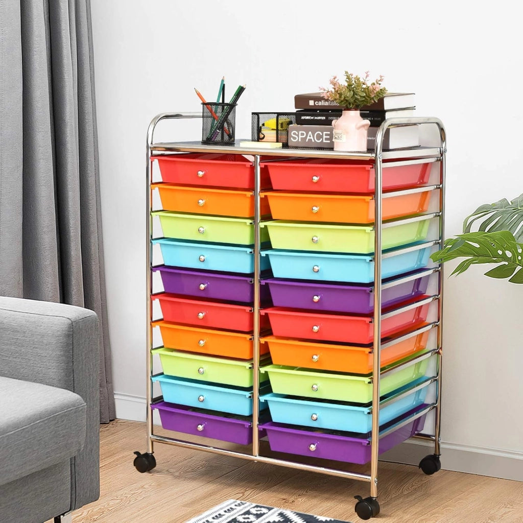 Carrello di Stoccaggio con 20 Cassetti, Carrello portaoggetti con 4 Ruote, Carrello Multiuso per Scuola Ufficio Cucina, 64 x 39 x 88 cm (Colorato)