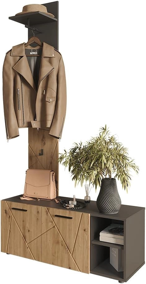 Armadio da ingresso Irma, Antracite/Artisan, 106 x 43 cm Set con scarpiera e pannello appendiabiti