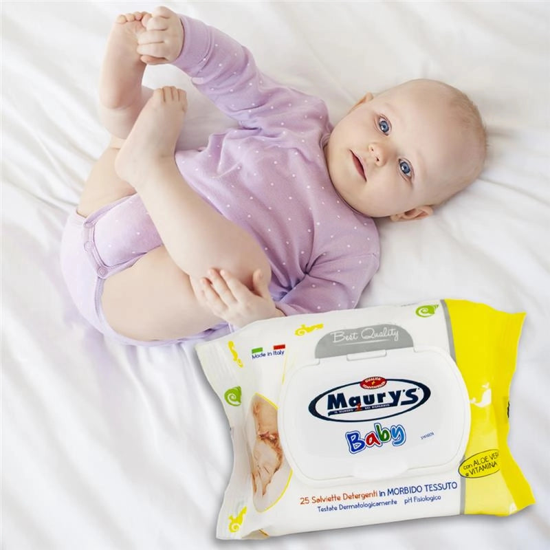 MAURY'S SALVIETTE DETERGENTI UMIDIFICATE PER BAMBINI BABY 25PZ ALOE VERA VITAMINA E BEST QUALITY