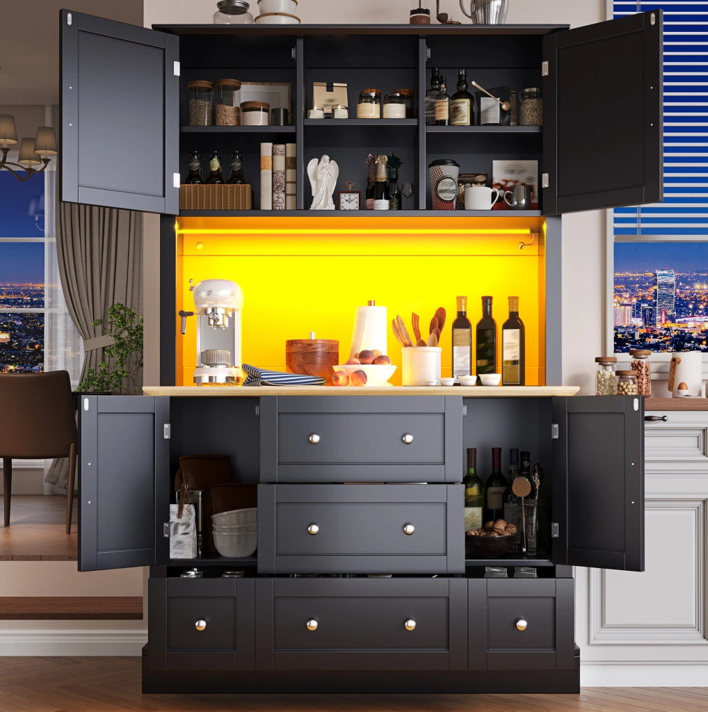 Credenza alta 115x40x180 cm con LED controllato da app; 3 cassetti; MDF; nero e naturale