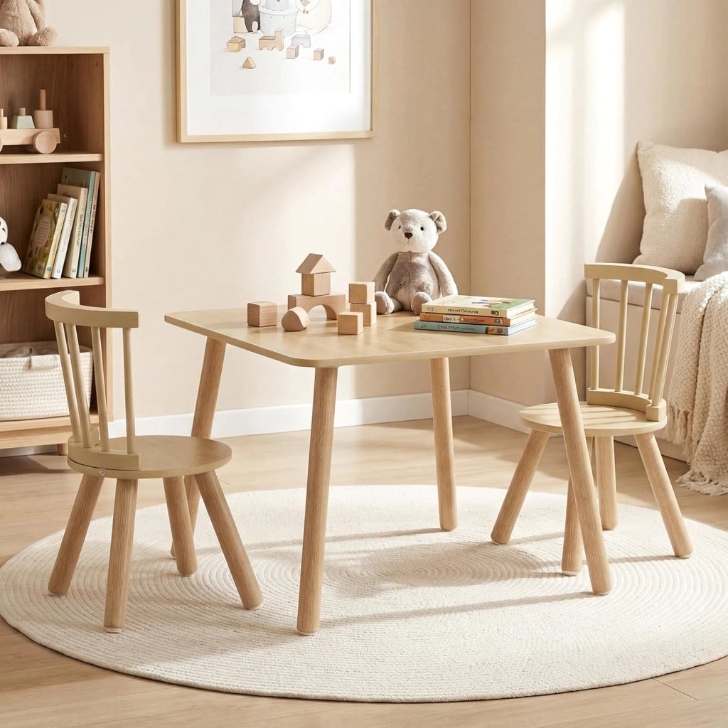 Set Tavolo e 2 Sedie per Bambini, Tavolo Attività con Schienali a Spindola Curvi, Sedute Rotonde e Gambe in Legno Massello, Tavolino per Bambini 3+ Anni per Disegno, Gioco e Studio (Naturale)