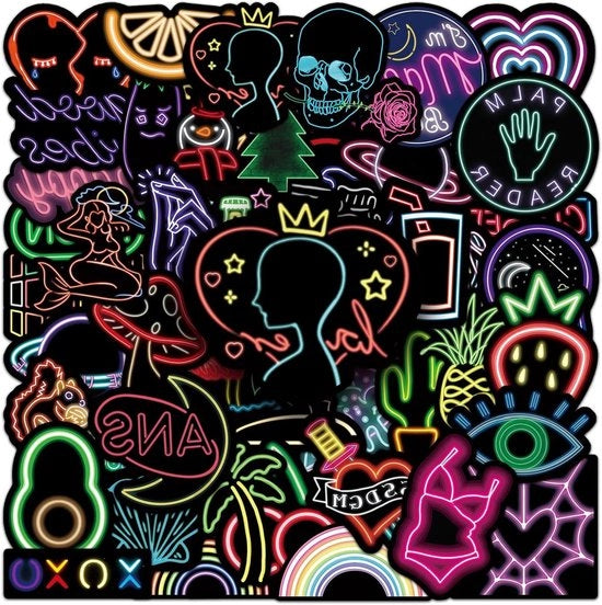 Sticker Neon per Laptop, Olioflessen, Skateboard, Bagagli, Auto, Chitarra, Bicicletta (50 pezzi) - Sticker Neon con Vinile - Disegni Freschi