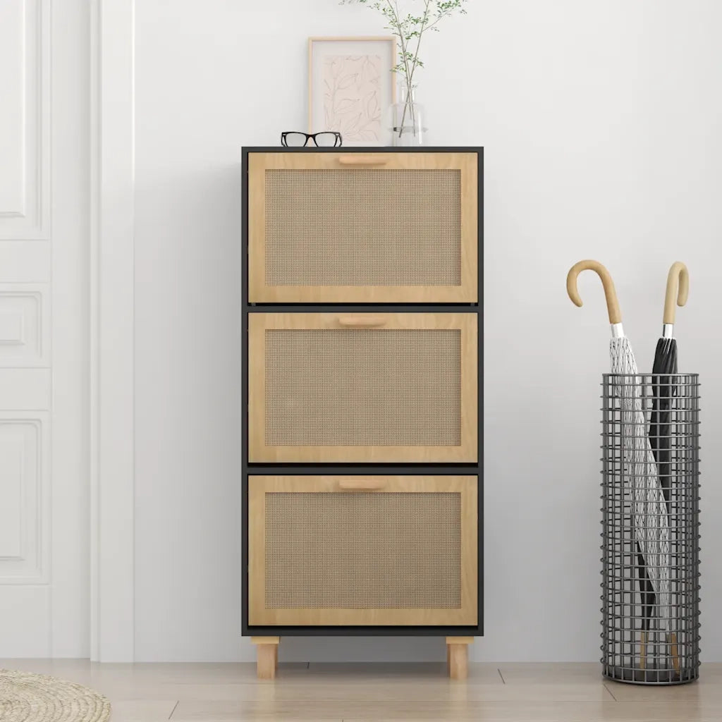 Scarpiera-Scaffale per scarpe Nero 52x25x115cm Legno Multistrato e Rattan Naturale