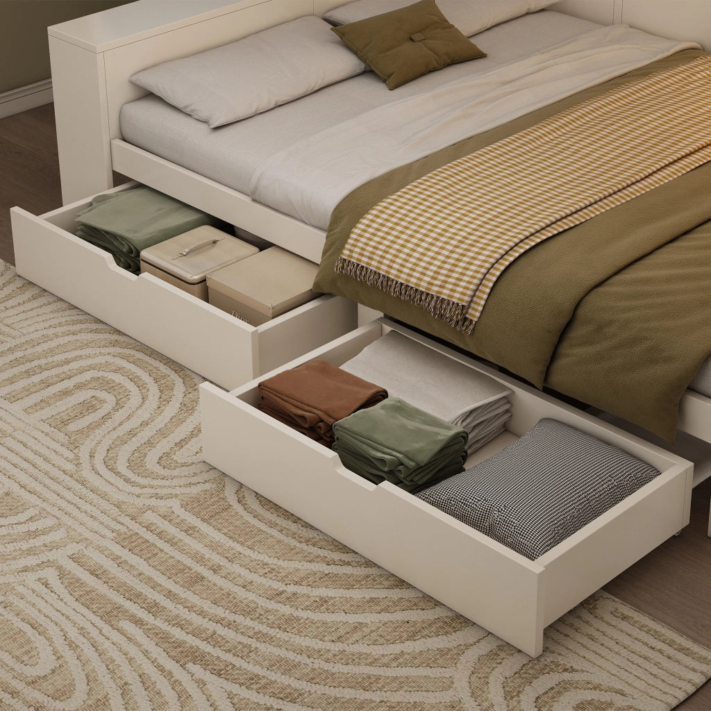 Letto contenitore 140 × 200 cm con 2 cassetti, USB e Type-C, luce da lettura, senza materasso, bianco