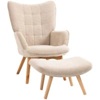 Poltrona Relax con Pouf Poggiapiedi in Velluto a Costine con Schienale Alto e Braccioli, Beige