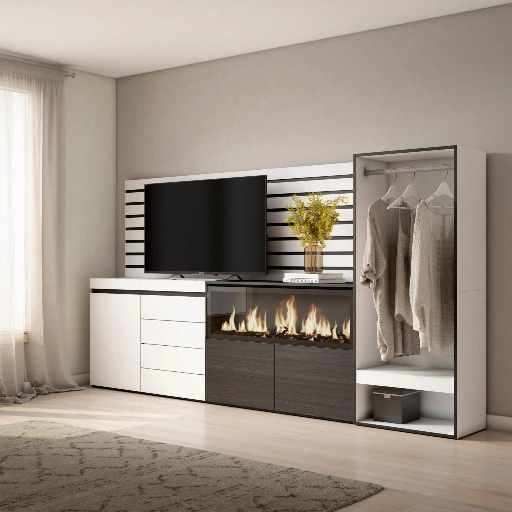 Credenza, 274x35x145cm, Camera da letto, Camino elettrico XXL, Cassettiera, Armadio Aperto, Bianco RF3387
