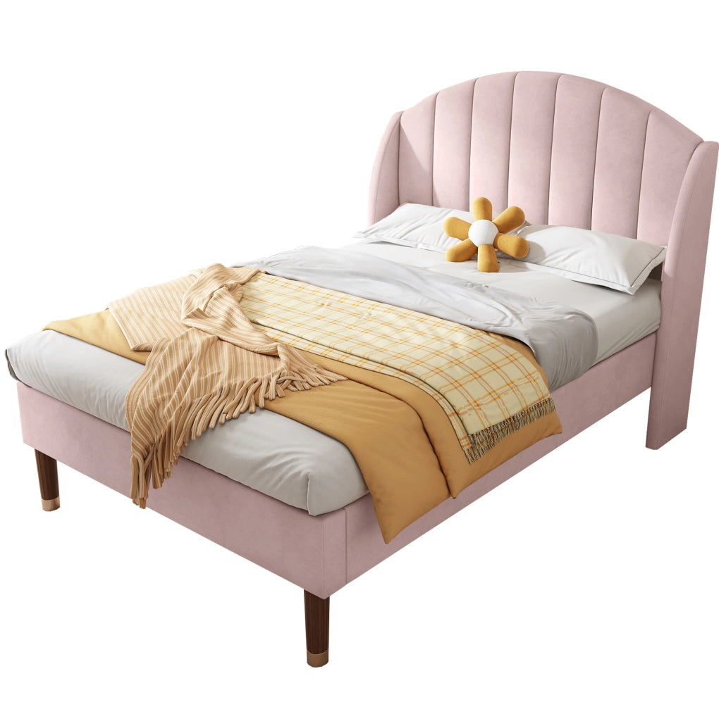 Letto imbottito 90x200 cm con rete a doghe e testiera in velluto rosa