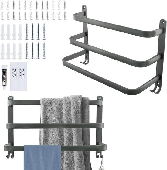 2 pezzi di asciugamani da parete da 40 cm senza foratura, 3 stanghe di asciugamani in alluminio, asciugamani da parete con ganci, asciugamani per bagno in grigio per bagno e cucina