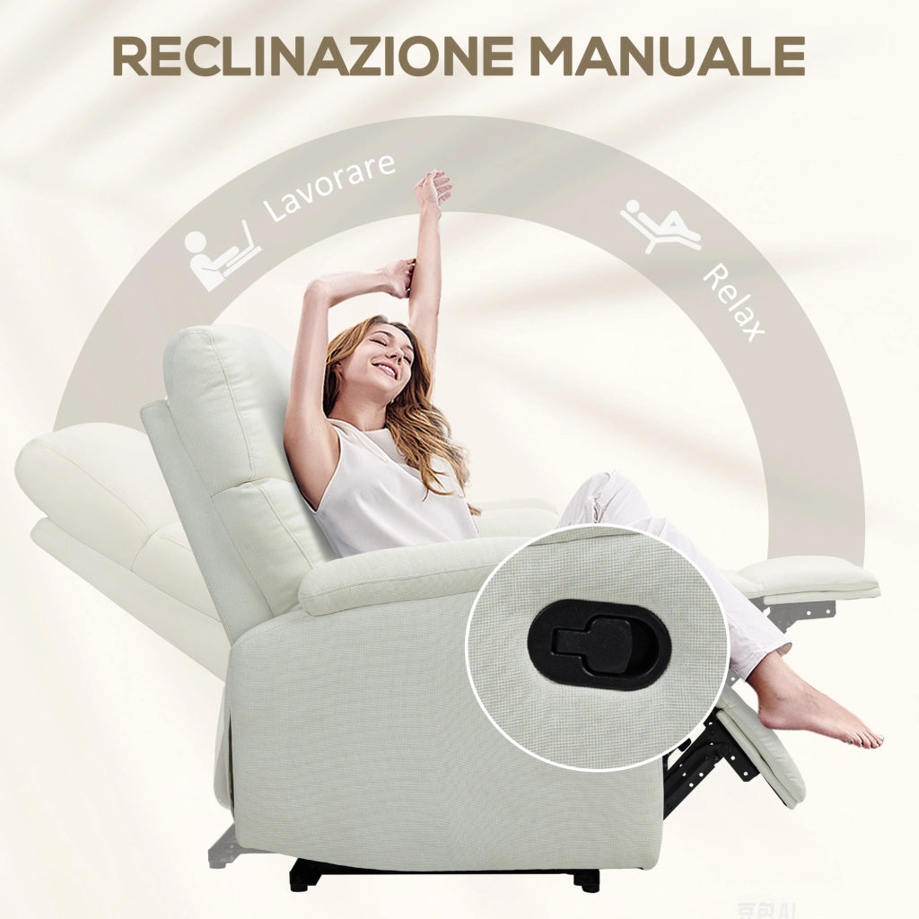 Poltrona Reclinabile Manualmente a 60¡ã Extra Imbottita in Tessuto con Poggiapiedi, Crema