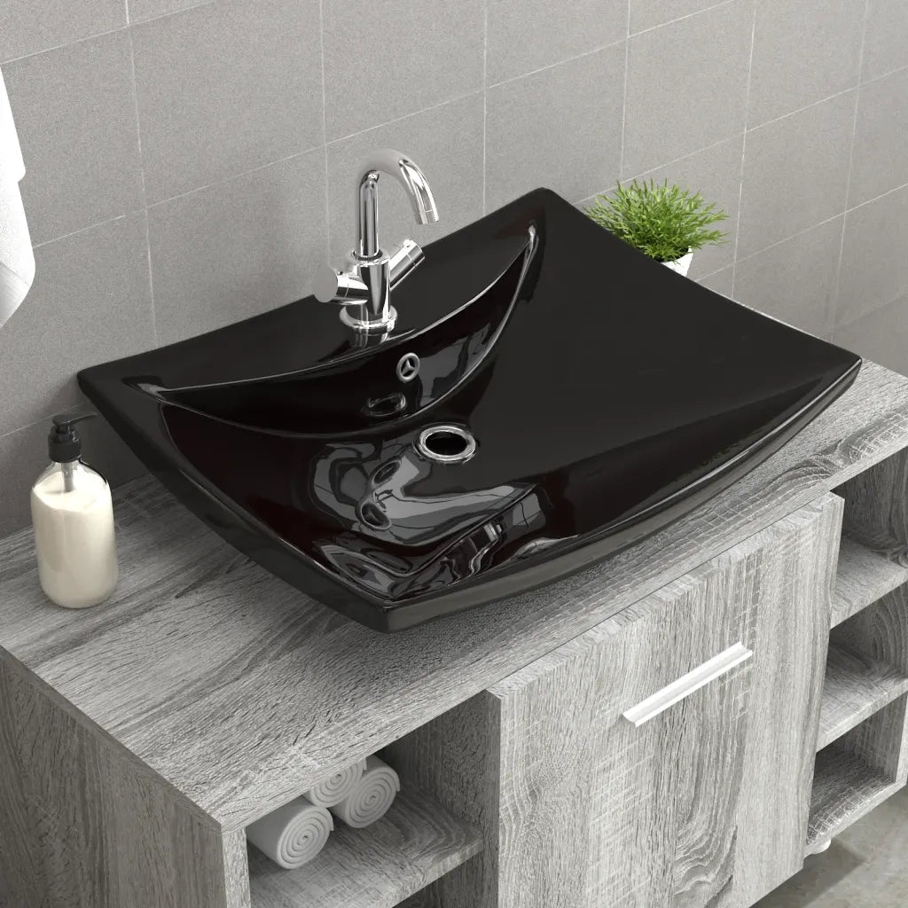 Lavabo Nero Ceramica Lusso Rettangolare Foro Trabocco Foro Rubinetto 140689