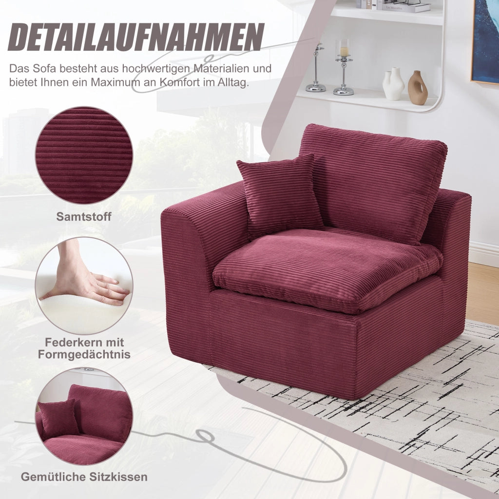 OKWISH Poltrona in Velluto a Coste, Seduta Imbottita con Cuscino e Design Minimalista, Rosso Vino, 101 × 102.5 × 84 cm