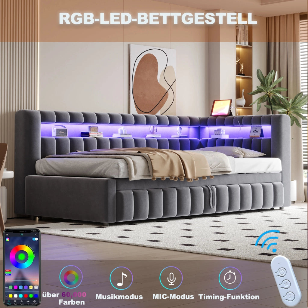 Letto estraibile 90 × 200 cm con illuminazione LED, ripiani, USB e Type-C, senza materasso, grigio