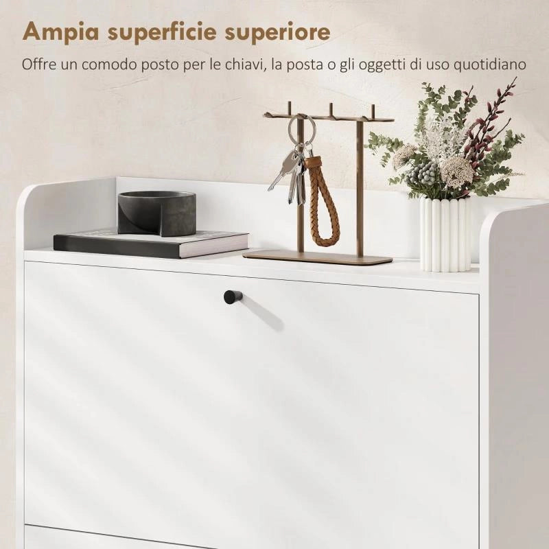 MOBILE SCARPIERA SLIM CON 2 CASSETTI A RIBALTA E RIPIANI REGOLABILI, IN LEGNO E METALLO, 80X24X101 CM, BIANCO