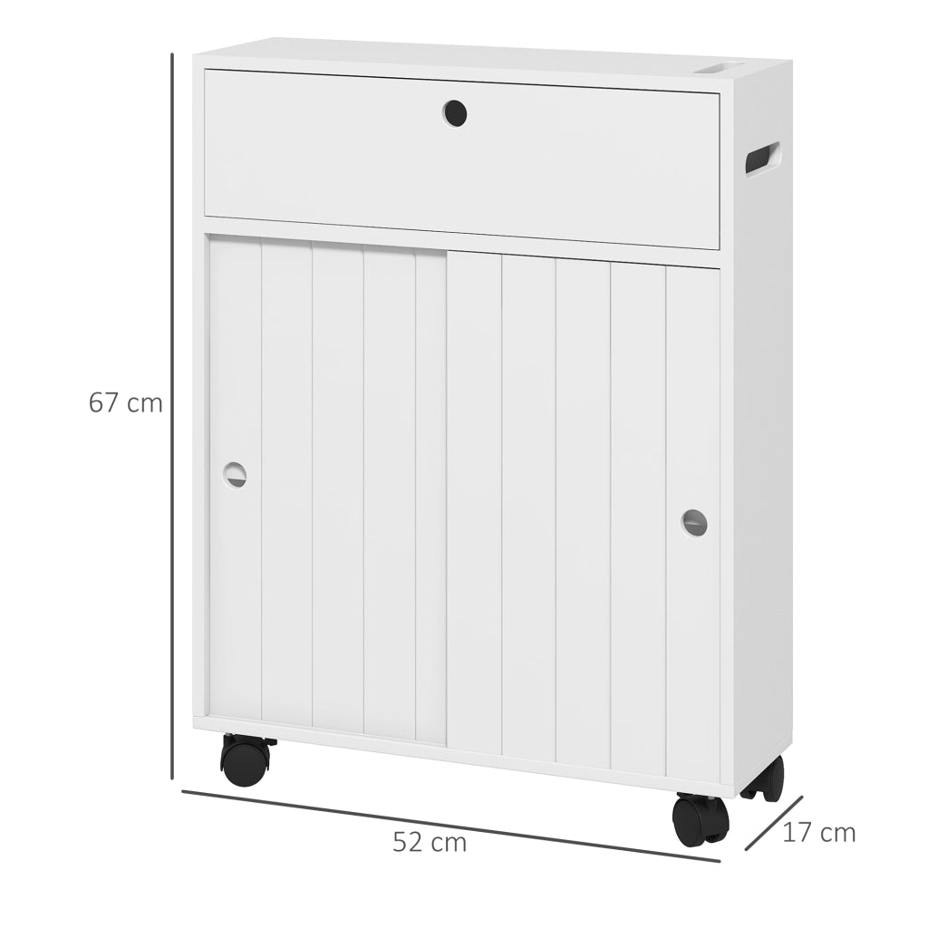 Mobile Bagno Stretto con Ante Scorrevoli, Ripiani Regolabili e Ruote ¨C Zephmum ¨C Bianco