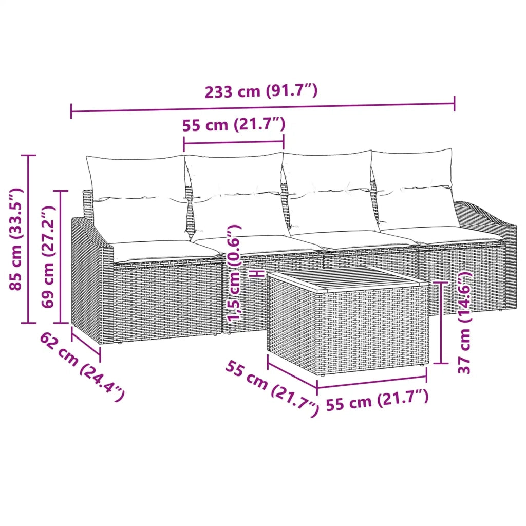 Set Divano da Giardino con cuscino 5 pcs Nero polyrattan