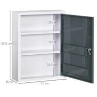 kleankin Armadietto Medicinali con 3 Ripiani e Blocco con Chiavi in Acciaio, 40x15x53.5cm, Bianco e Grigio