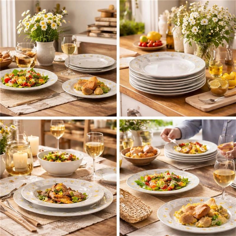 MA MAISON SERVIZIO PIATTI 18 PEZZI IN PORCELLANA CON MARGHERITE, SET TAVOLA 6 PERSONE 6 PIANI 6 FONDI 6 DESSERT BIANCO