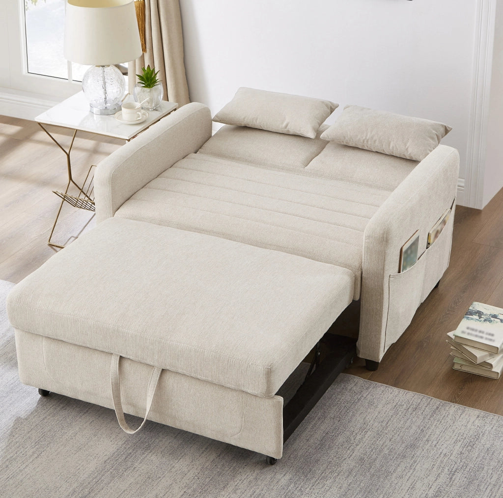 Divano letto 2 posti estraibile con schienale regolabile a 3 posizioni; cotone-lino beige