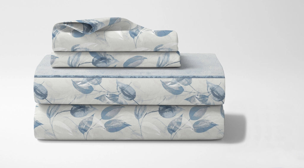 Completo Letto In Cotone Di Flanella Lenzuola Matrimoniali,Parure, Flanella Calda e Morbida,Anti Pilling Felpato Flanellato - Foglie510blu - Matrimoniale