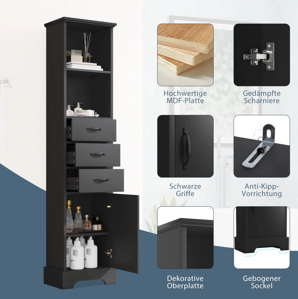 Mobile da bagno nero 38 x 26 x 172,5 cm con cassetti e ripiani regolabili