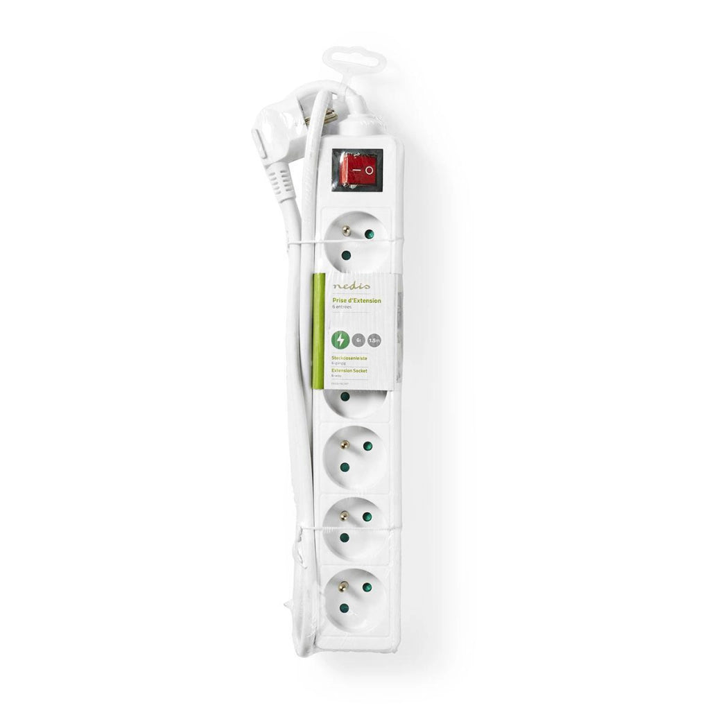 Ciabatta elettrica di tipo E a 6 vie da 3680W 16A 1,5m con pulsante di accensione/spegnimento Bianco Nedis