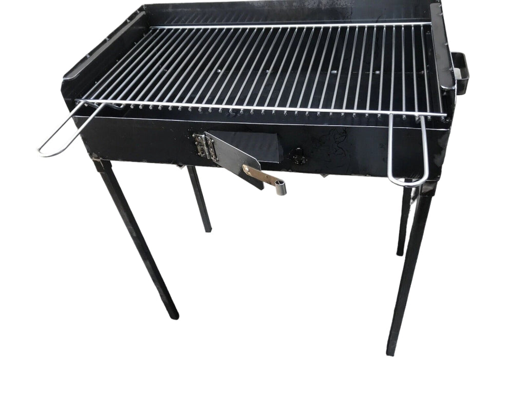 Barbecue in ferro, con griglia in acciaio inox regolabile su 2 altezze, 70x38 cm, con piedi estraibili