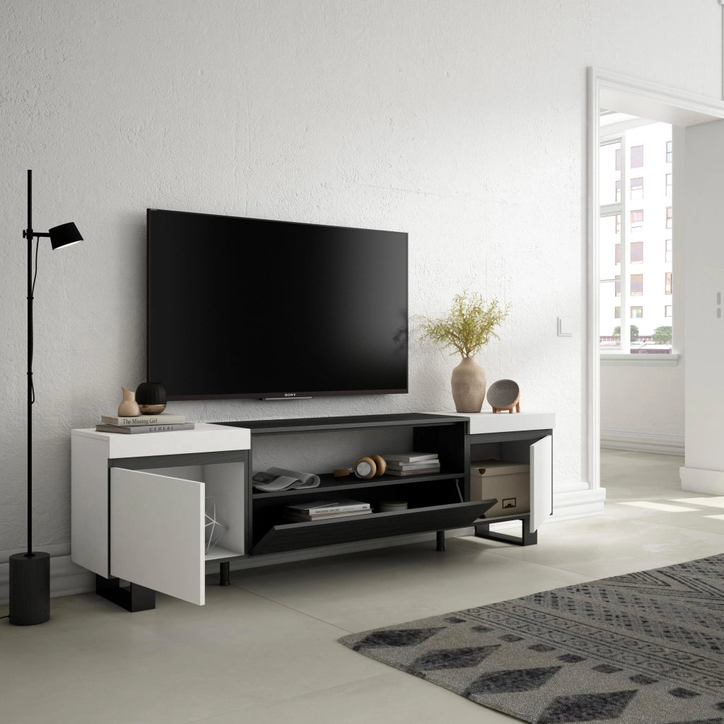 Mobile TV, 200x35x57cm, soggiorno, Per TV fino a 80", Design industriale, Bianco e nero RF2203