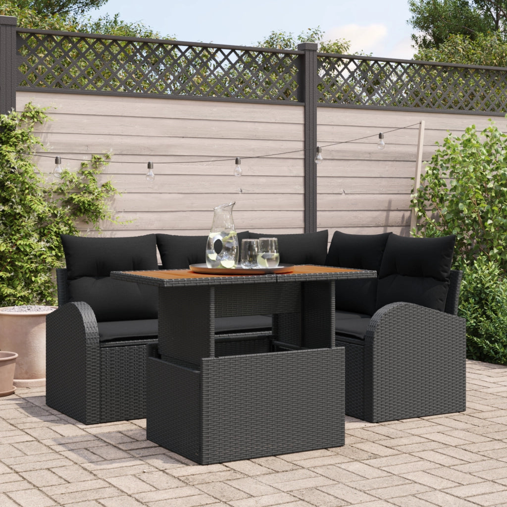 Set Divano da Giardino 5 Pezzi con Cuscini Rattan Polieuro Nero