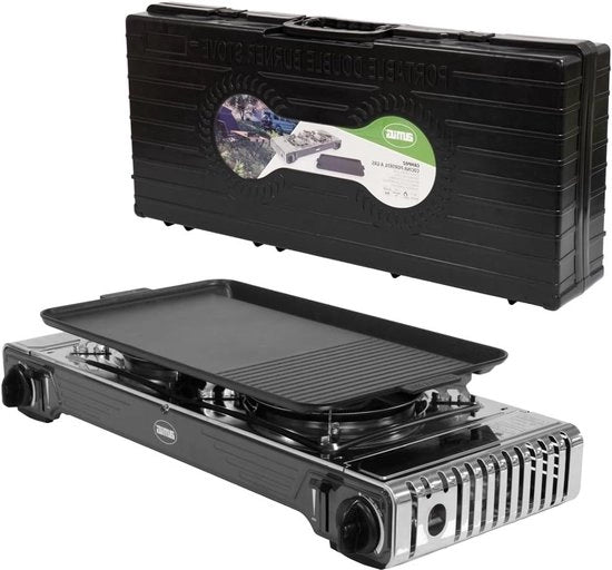 Fornello a gas portatile con 2 fiamme, inclusa piastra grill - ghisa e acciaio inossidabile - 22 kW potenza x 2