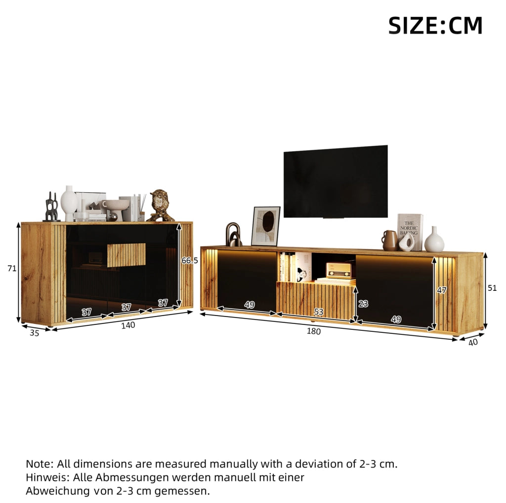 Set mobile TV 180 × 40 × 51 cm e credenza 140 × 35 × 71 cm con LED Bluetooth; nero e naturale