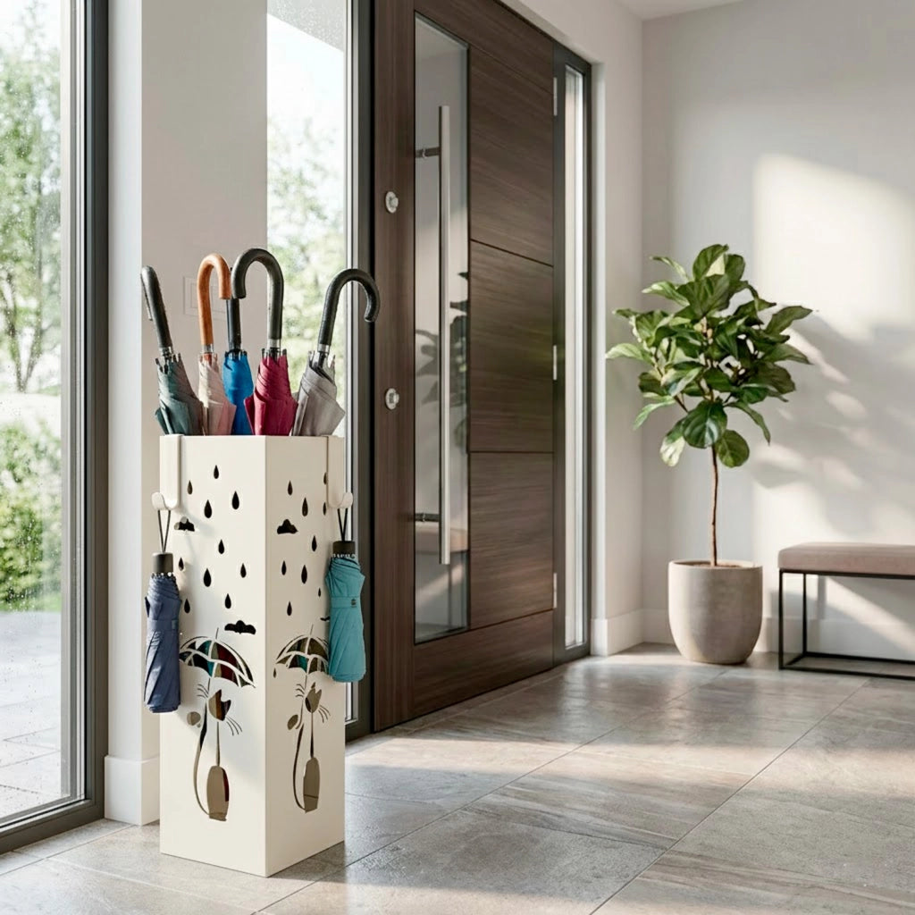 Portaombrelli In Metallo Con Decorazione Gatto Design Quadrato Base Antiscivolo Vaschetta Scolapioggia Removibile 2 Ganci Laterali Per Casa E Ufficio 49 X 15.5 X 15.5 Cm Bianco