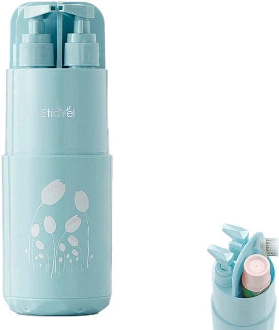 Set di igienizzazione orale da viaggio, contenitore per spazzola da denti, contenitore per igienizzazione orale, con 2 x 45 ml dispenser di crema, dispenser di sapone, spazzola per denti, specchio, adatto per campeggio, viaggi, viaggi di lavoro, (blu)