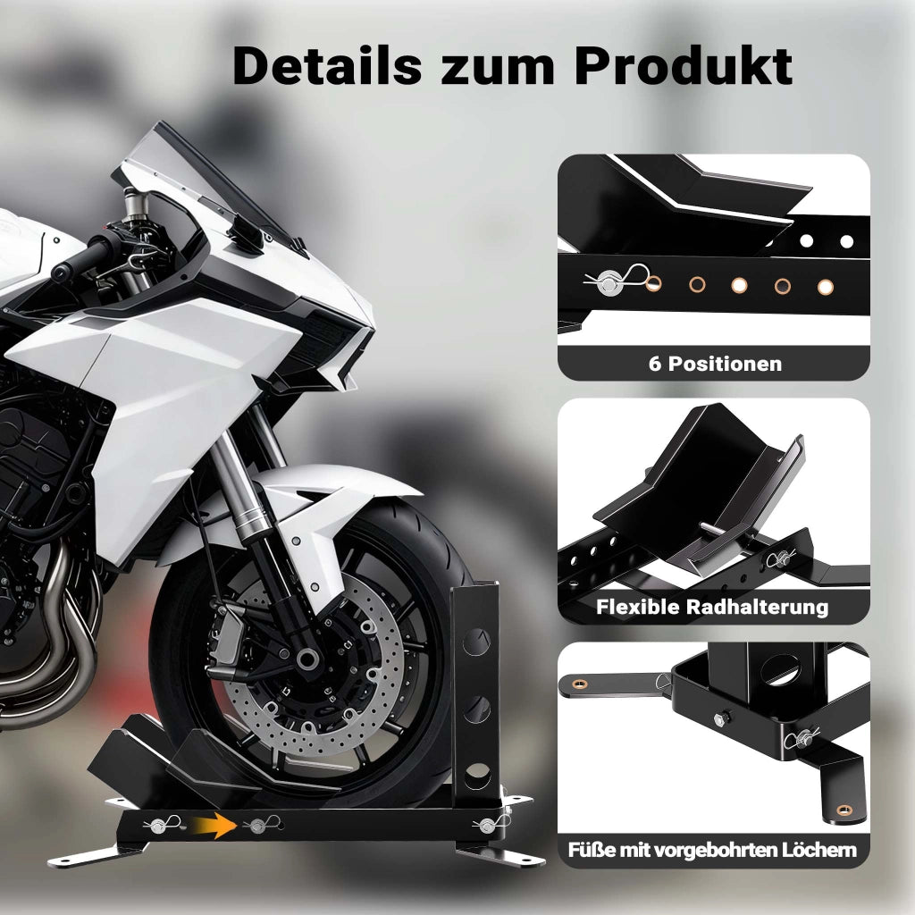 Cavalletto blocca ruota moto max 450 kg, per pneumatici anteriori e posteriori da 14-21", reggi-ruota inclinabile