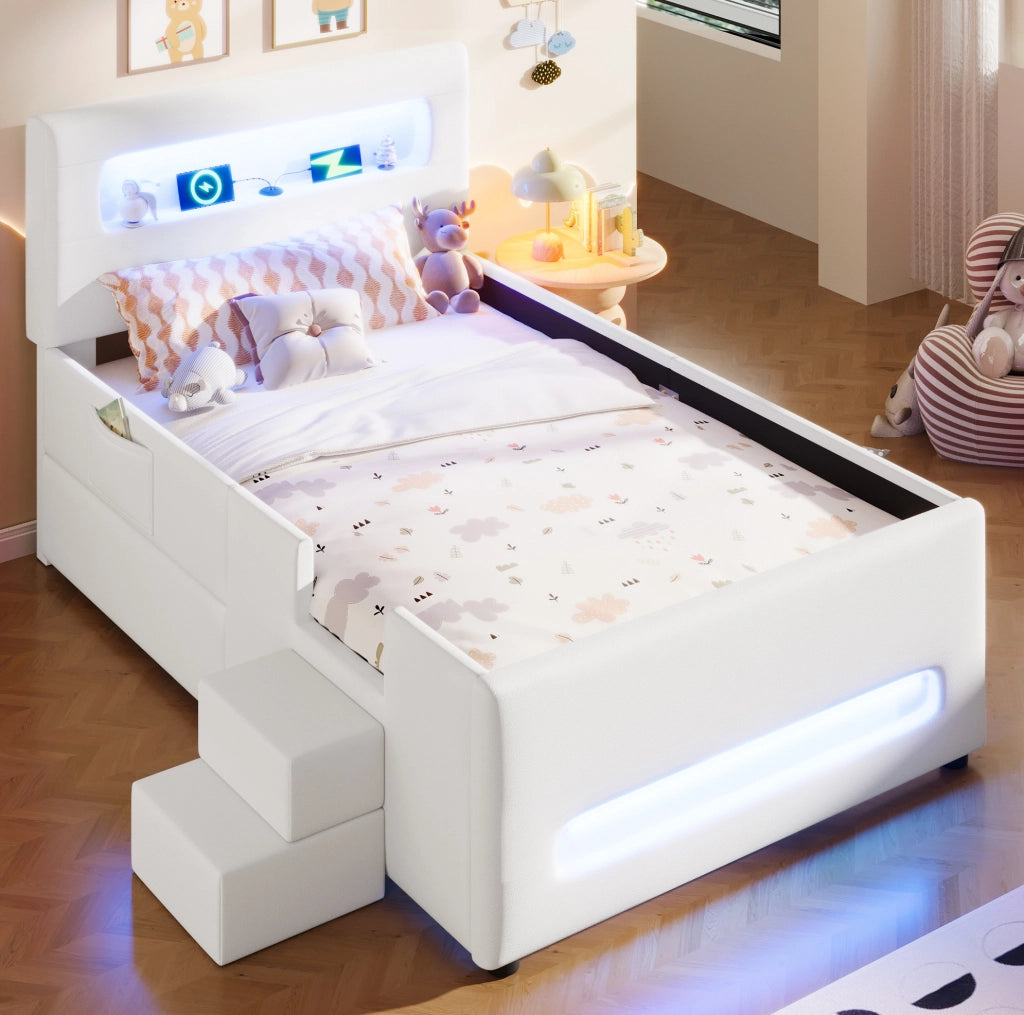 Letto a piattaforma imbottito 90x200 cm bianco con scala, cassetti, luci LED e porta USB
