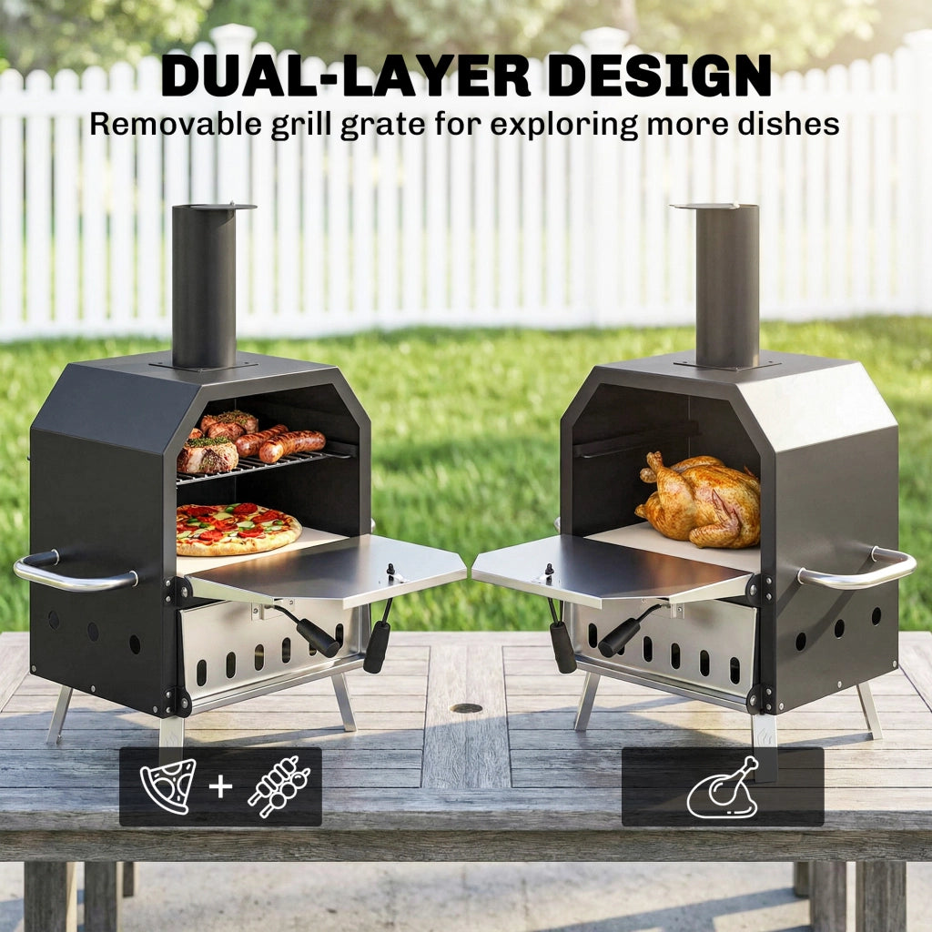 Barbecue a legna e carbone 2 livelli con pietra refrattaria e paletta ¨C zephmum ¨C nero 30 cm