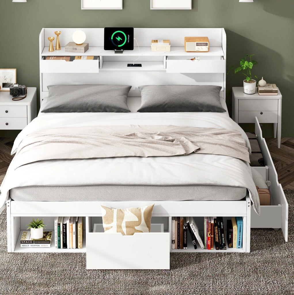 Letto matrimoniale 140x190 cm con USB; contenitore e cassetti; bianco in legno di pino