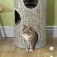 Cuccia per Gatti a 3 Livelli con Tiragraffi in Sisal e Peluche, Ø38x70cm, Grigio Chiaro