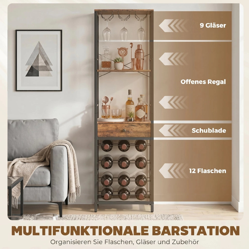 Armadio da bar con cassetto ¨C zephmum ¨C 12 bottiglie, rustico marrone