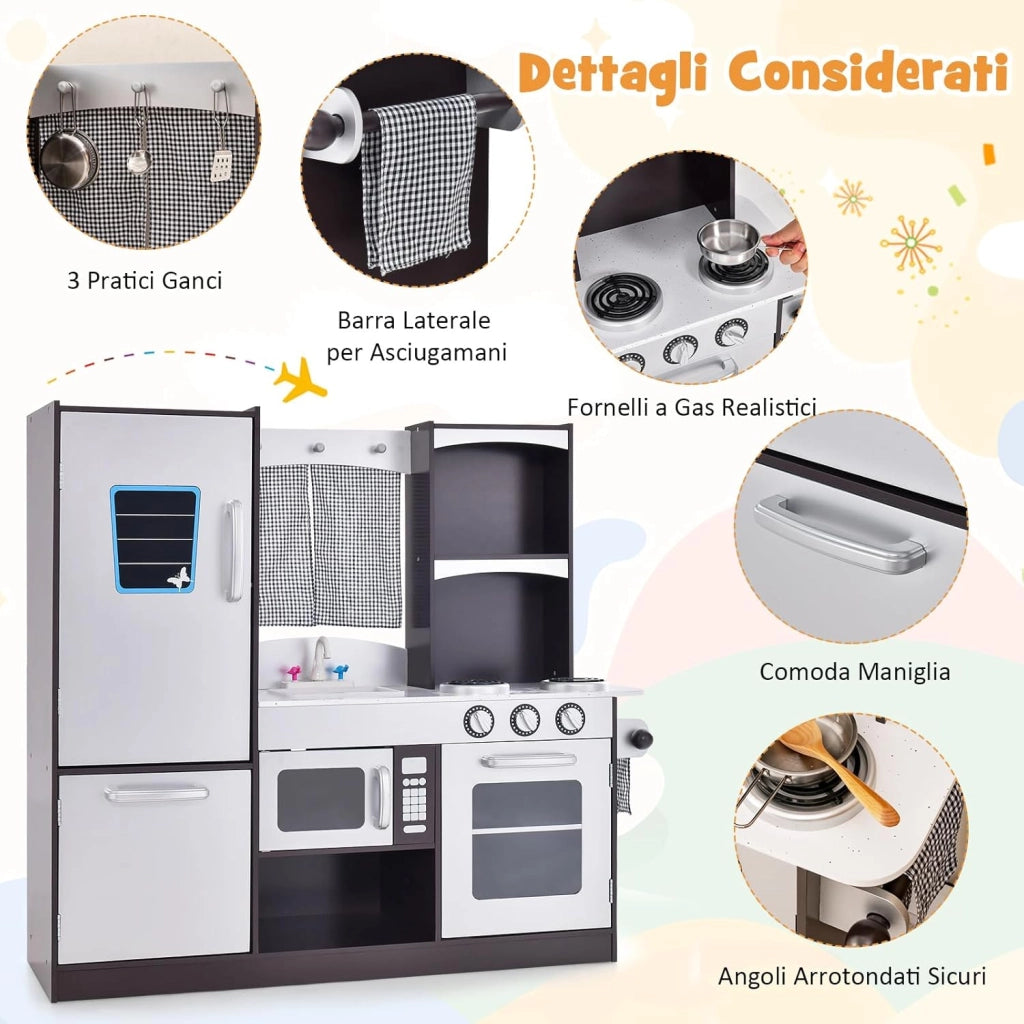 Cucina Giocattolo per Bambini, Cucina Legno per Bambini con Frigorifero, Lavagna, Forno, Fornelli a Gas, Rubinetto e Lavello, 3 Anni+, Bianco